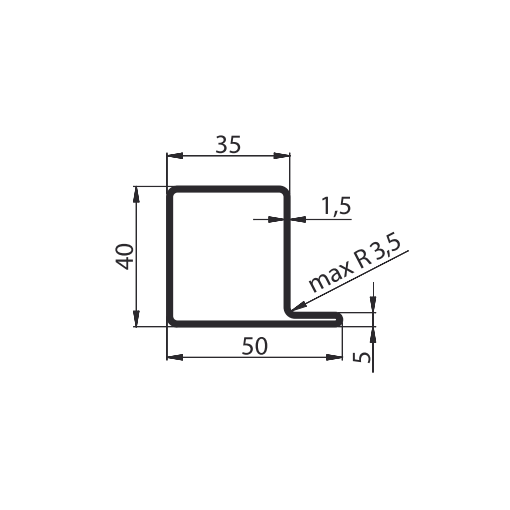 Kształtownik prostokąt specjalny 50x40x35x1,5 L=6m