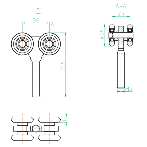 Wózek 4-rolkowy ze sworzniem do profilu 33x34 mm #2